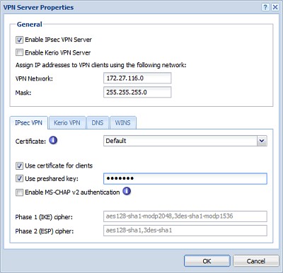 Obr. 3: Konfigurace VPN serveru pro připojení mobilních zařízení protokolem IPsec Obr. 3: Konfigurace VPN serveru pro připojení mobilních zařízení protokolem IPsec