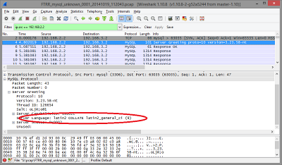 Obr. 2: nstroj WireShark, dekdovan pakety protokolu MySQL s oznaenou znakovou sadou nastavenou ze strany serveru.