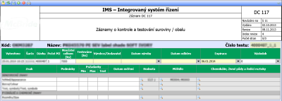 Obr.1 - Část elektronického formuláře COMES pro záznam o kontrole a testování suroviny/obalu. Obr.1 - Část elektronického formuláře COMES pro záznam o kontrole a testování suroviny/obalu.