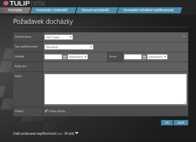 Příklad zadávání žádosti o dovolenou v docházkovém systému TULIP Příklad zadávání žádosti o dovolenou v docházkovém systému TULIP