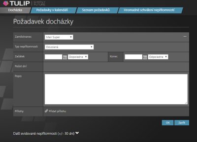 Příklad zadávání žádosti o dovolenou v docházkovém systému TULIP