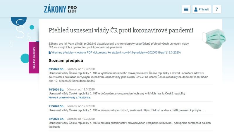 Portl Zkony pro lidi zveejuje pehled vech usnesen vldy ke koronaviru