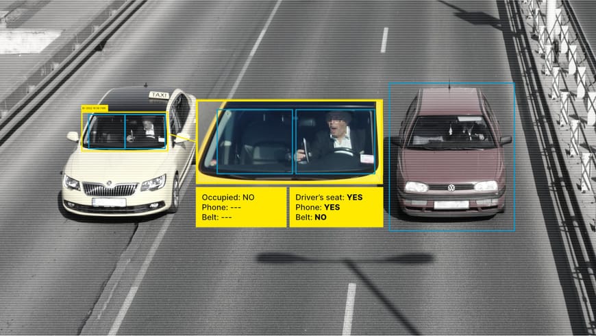 Obr. 1: Kromě detekce faktorů jako je užívání telefonu nebo nezapnutý pás, umí program počítat také obsazenost auta na předních sedadlech. Tato vlastnost může pomoci při rešerších v dopravě.